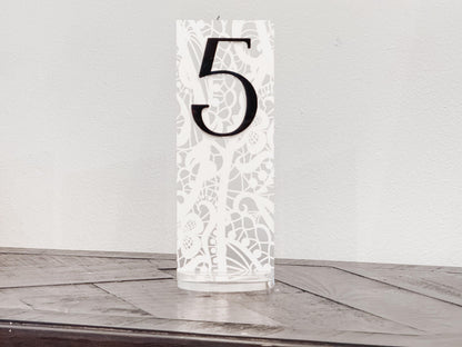 Frosted Acrylic Wedding Table Numbers with Lace Design | 3D Black Gold Acrylic Numbers | Elegant Modern Reception Decor