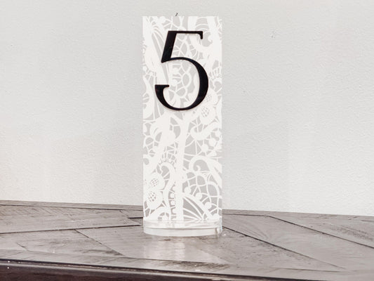 Frosted Acrylic Wedding Table Numbers with Lace Design | 3D Black Gold Acrylic Numbers | Elegant Modern Reception Decor