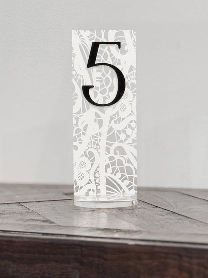 Frosted Acrylic Wedding Table Numbers with Lace Design | 3D Black Gold Acrylic Numbers | Elegant Modern Reception Decor