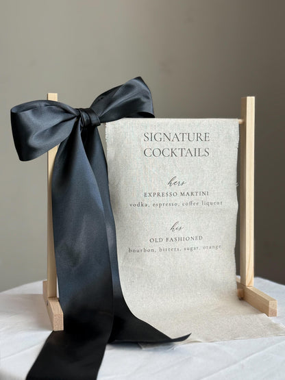 Signature Cocktails Wedding Bar Sign | Linen Drink Menu | Modern Reception Signage with Ribbon