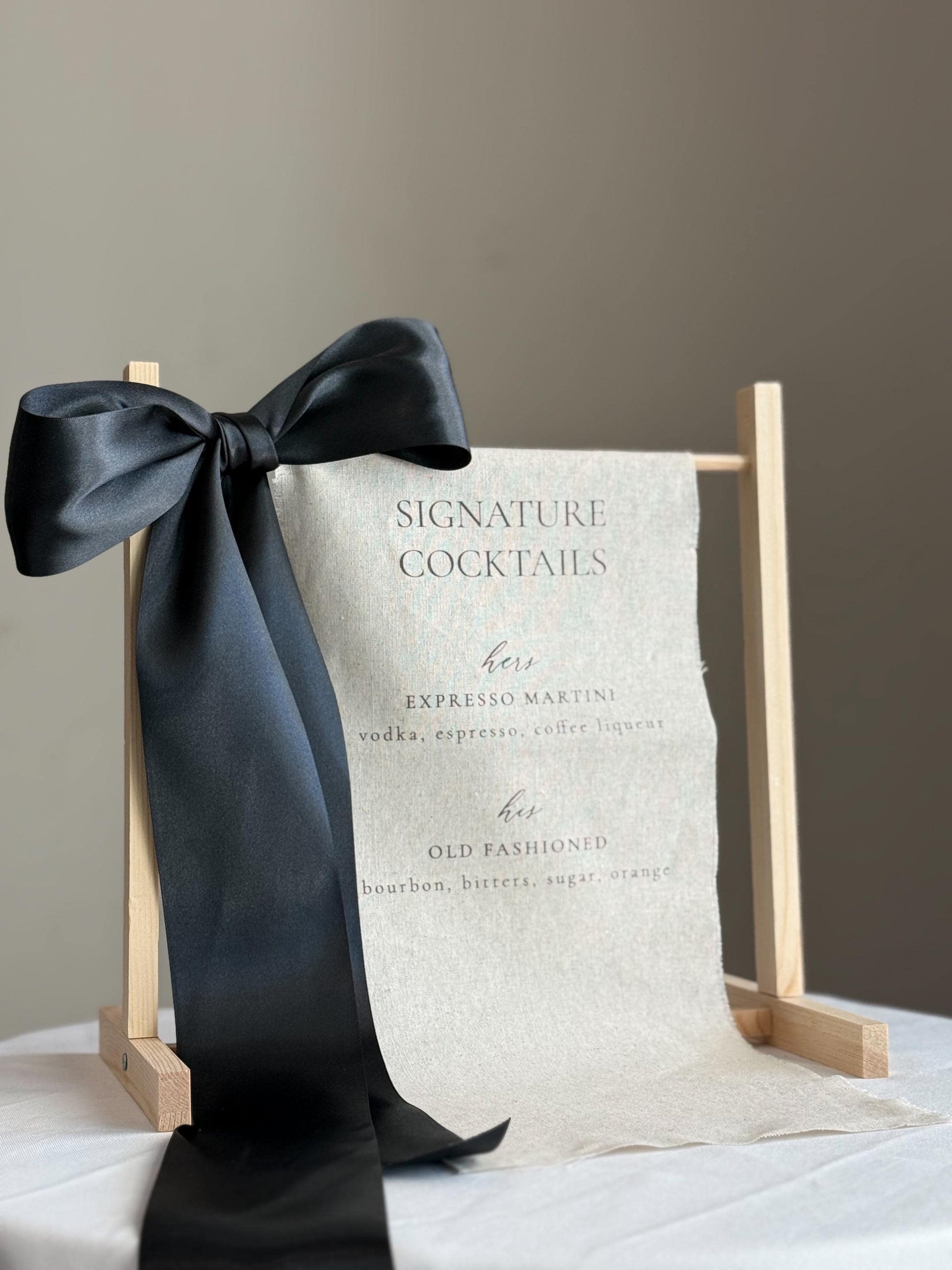 Signature Cocktails Wedding Bar Sign | Linen Drink Menu | Modern Reception Signage with Ribbon