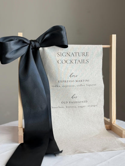 Signature Cocktails Wedding Bar Sign | Linen Drink Menu | Modern Reception Signage with Ribbon