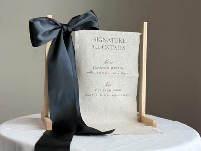 Signature Cocktails Wedding Bar Sign | Linen Drink Menu | Modern Reception Signage with Ribbon