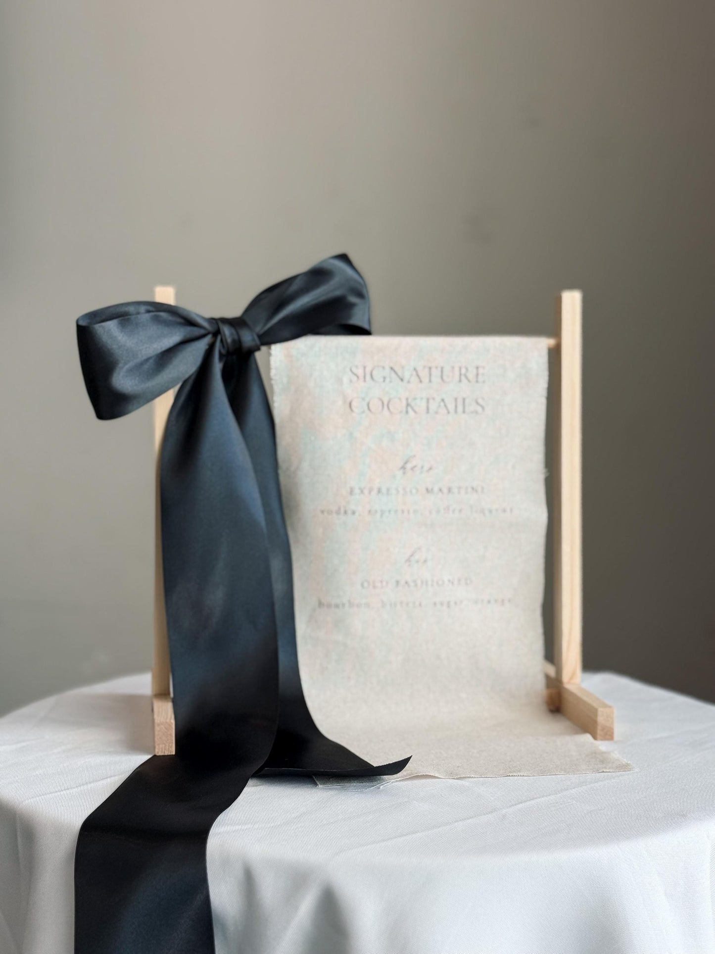 Signature Cocktails Wedding Bar Sign | Linen Drink Menu | Modern Reception Signage with Ribbon