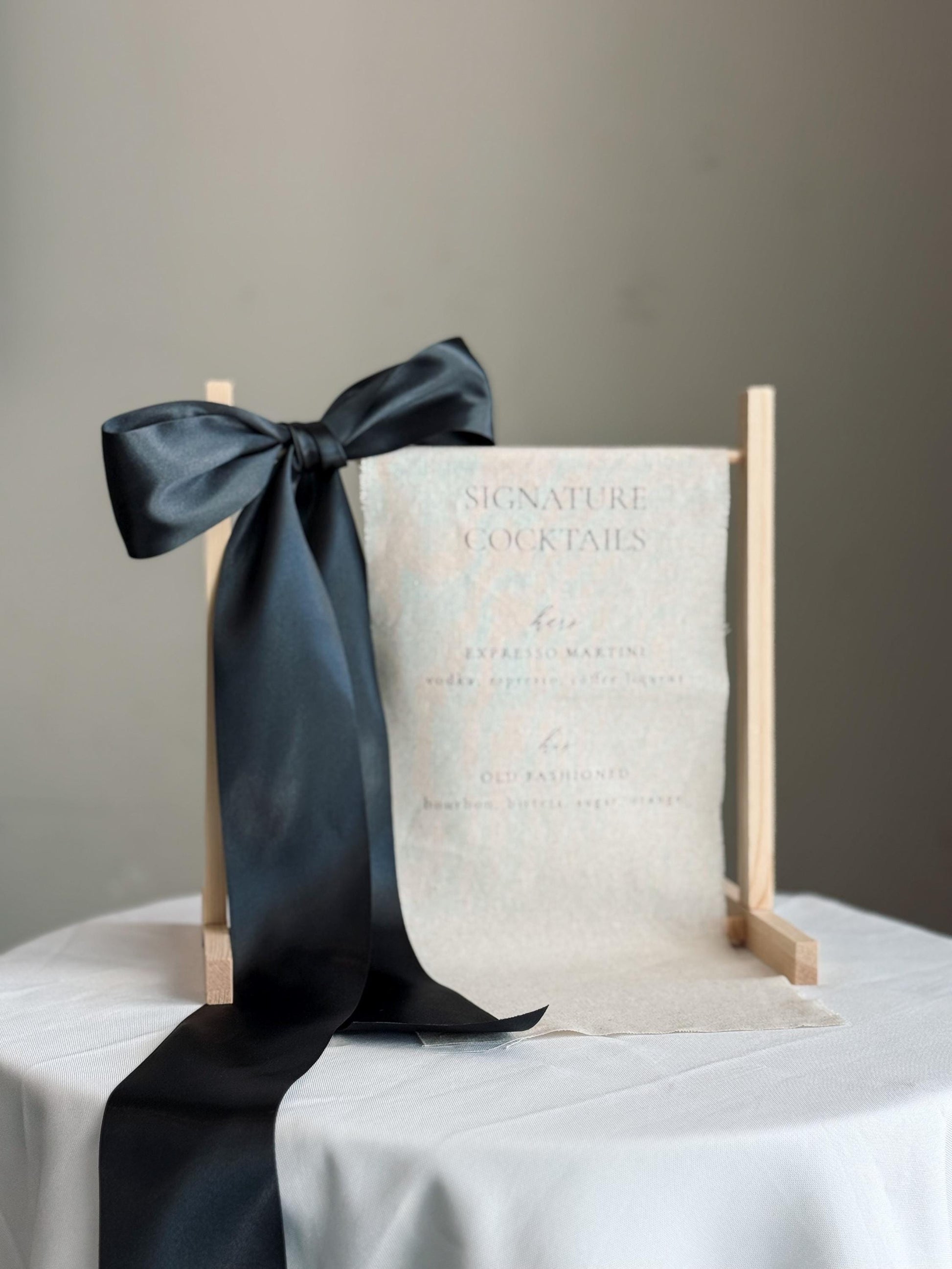Signature Cocktails Wedding Bar Sign | Linen Drink Menu | Modern Reception Signage with Ribbon
