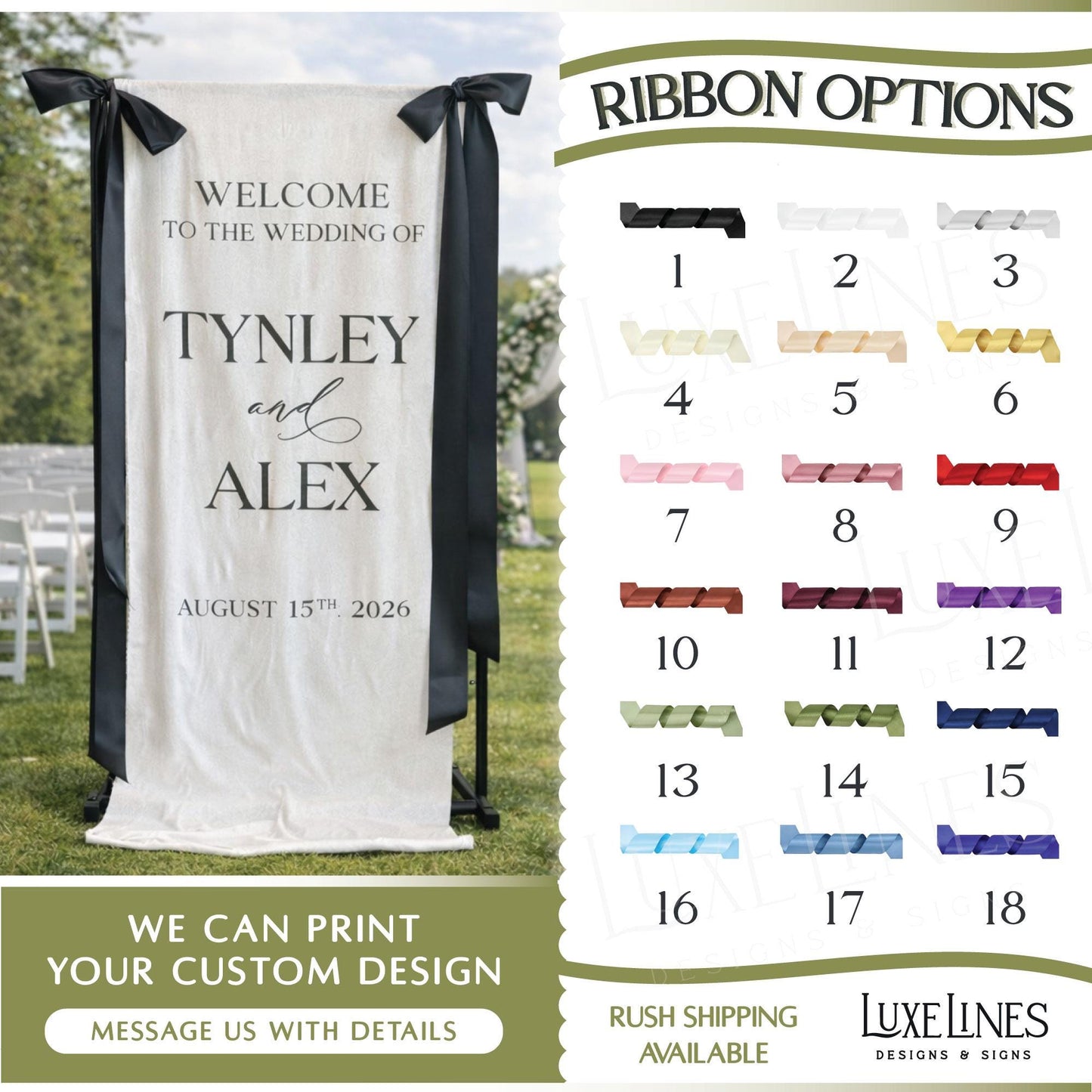 Signature Cocktails Wedding Bar Sign | Linen Drink Menu | Modern Reception Signage with Ribbon