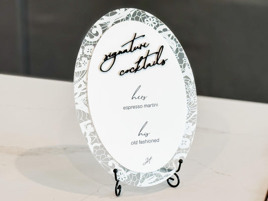 Floral Lace Signature Cocktails Sign | Acrylic Bar Menu | His & Hers Wedding Drink Sign | Layered Lace Acrylic Bar Sign