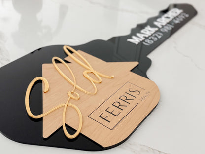 Personalized Realtor Key with Logo | Closing Realty | House Sold Acrylic and Wood Sign | Closing Prop | Realtor Gift Sold Sign
