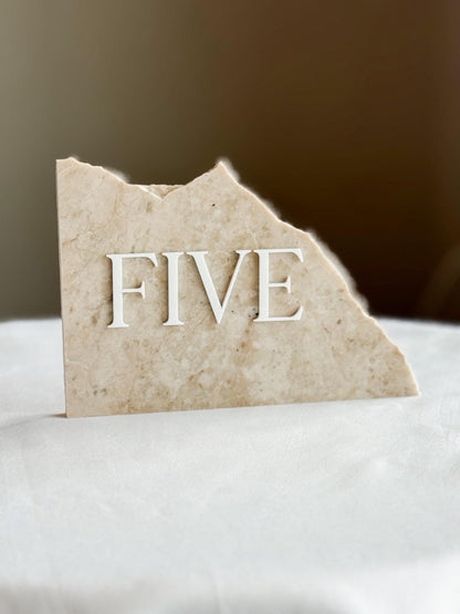 3D Marble Stone Acrylic Table Number Sign | Unique Wedding Signage | Custom Layered Decor | Travertine Marble | Modern Reception Decor