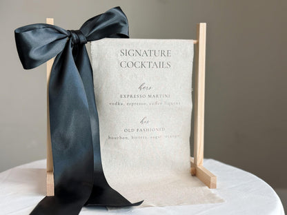 Signature Cocktails Wedding Bar Sign | Linen Drink Menu | Modern Reception Signage with Ribbon
