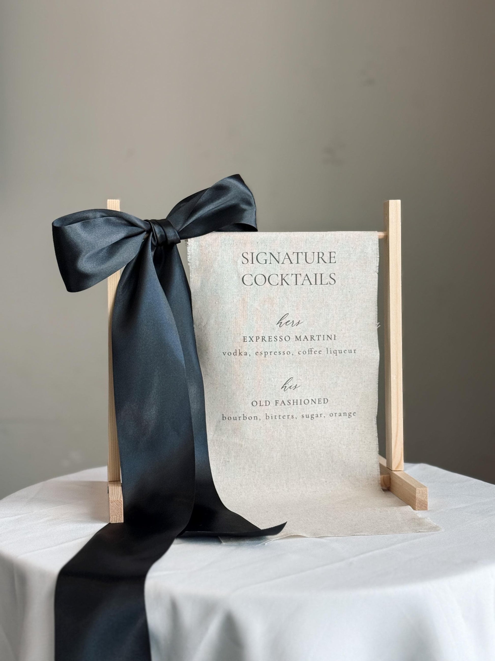 Signature Cocktails Wedding Bar Sign | Linen Drink Menu | Modern Reception Signage with Ribbon