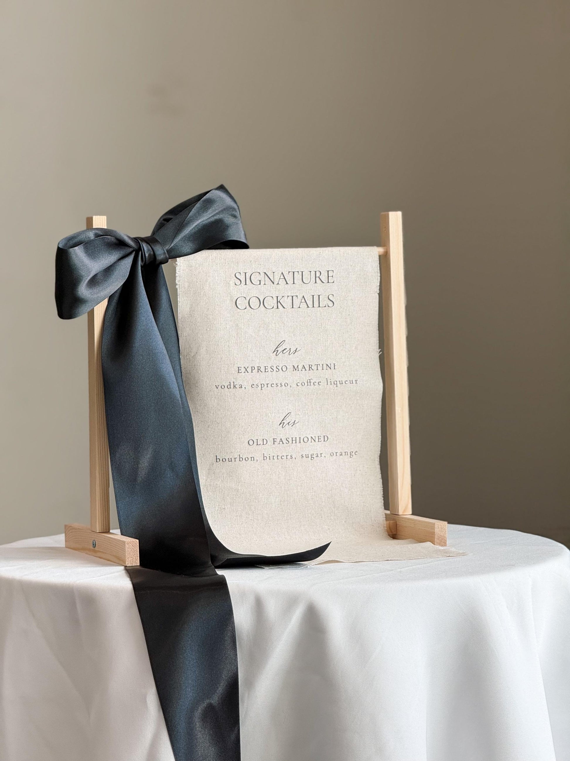 Signature Cocktails Wedding Bar Sign | Linen Drink Menu | Modern Reception Signage with Ribbon