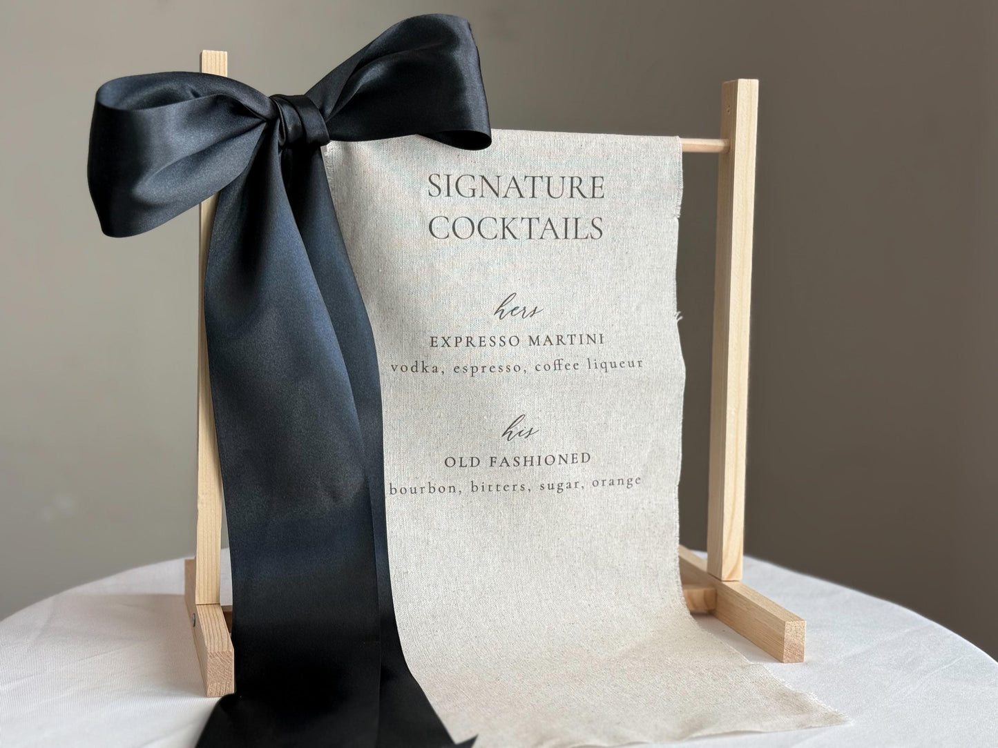 Signature Cocktails Wedding Bar Sign | Linen Drink Menu | Modern Reception Signage with Ribbon