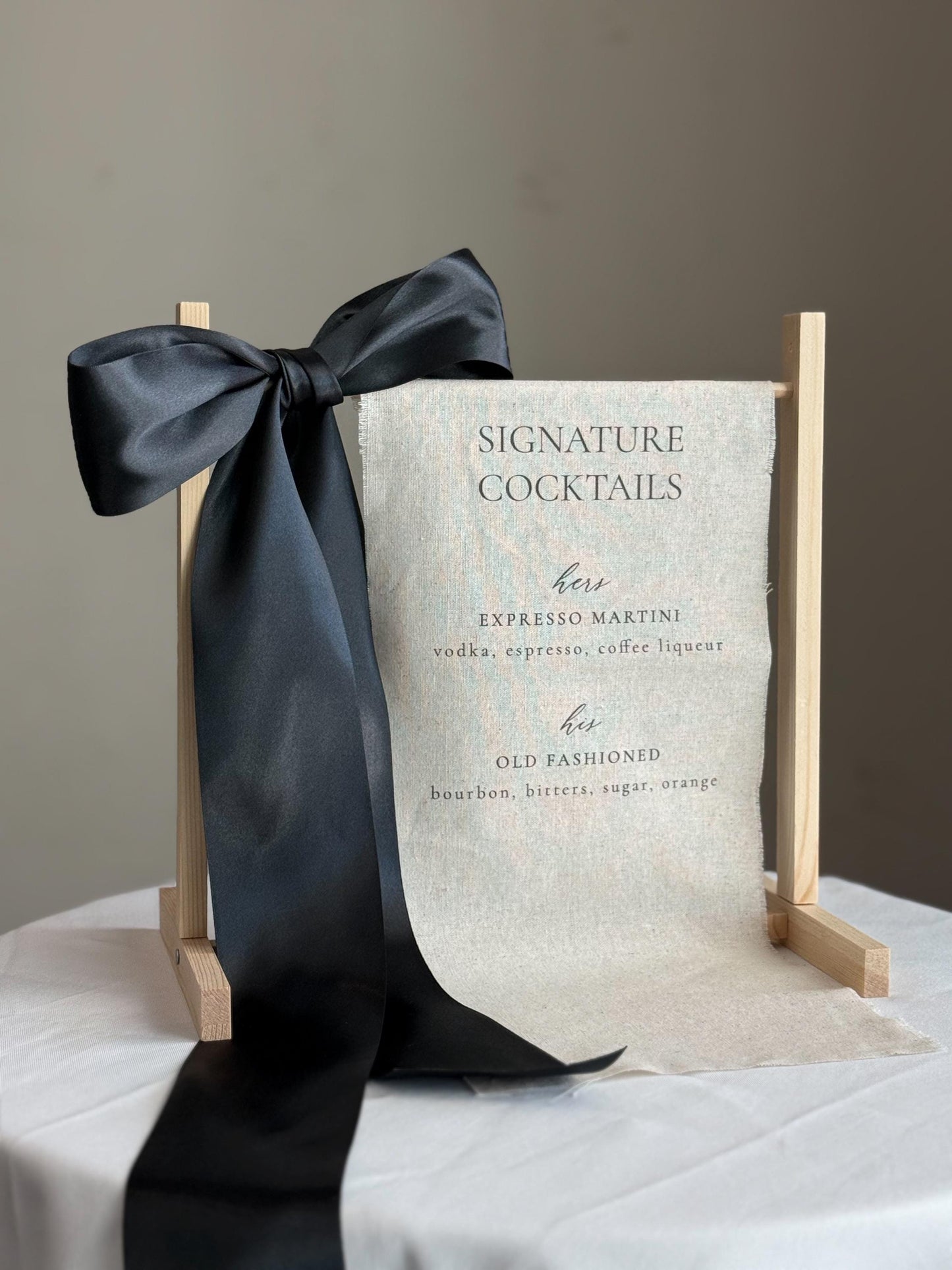 Signature Cocktails Wedding Bar Sign | Linen Drink Menu | Modern Reception Signage with Ribbon