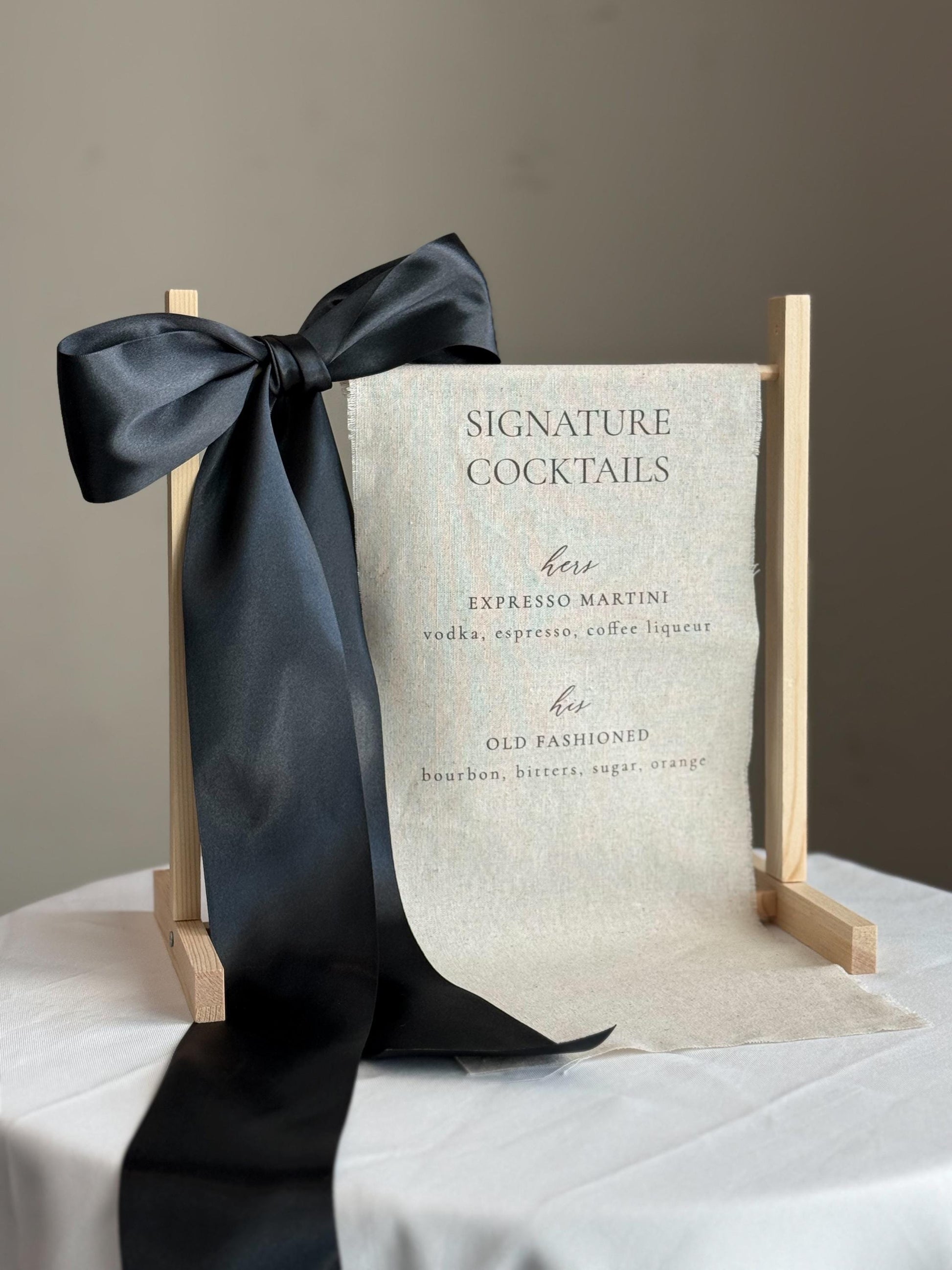 Signature Cocktails Wedding Bar Sign | Linen Drink Menu | Modern Reception Signage with Ribbon