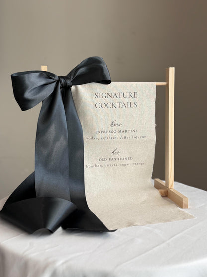 Signature Cocktails Wedding Bar Sign | Linen Drink Menu | Modern Reception Signage with Ribbon