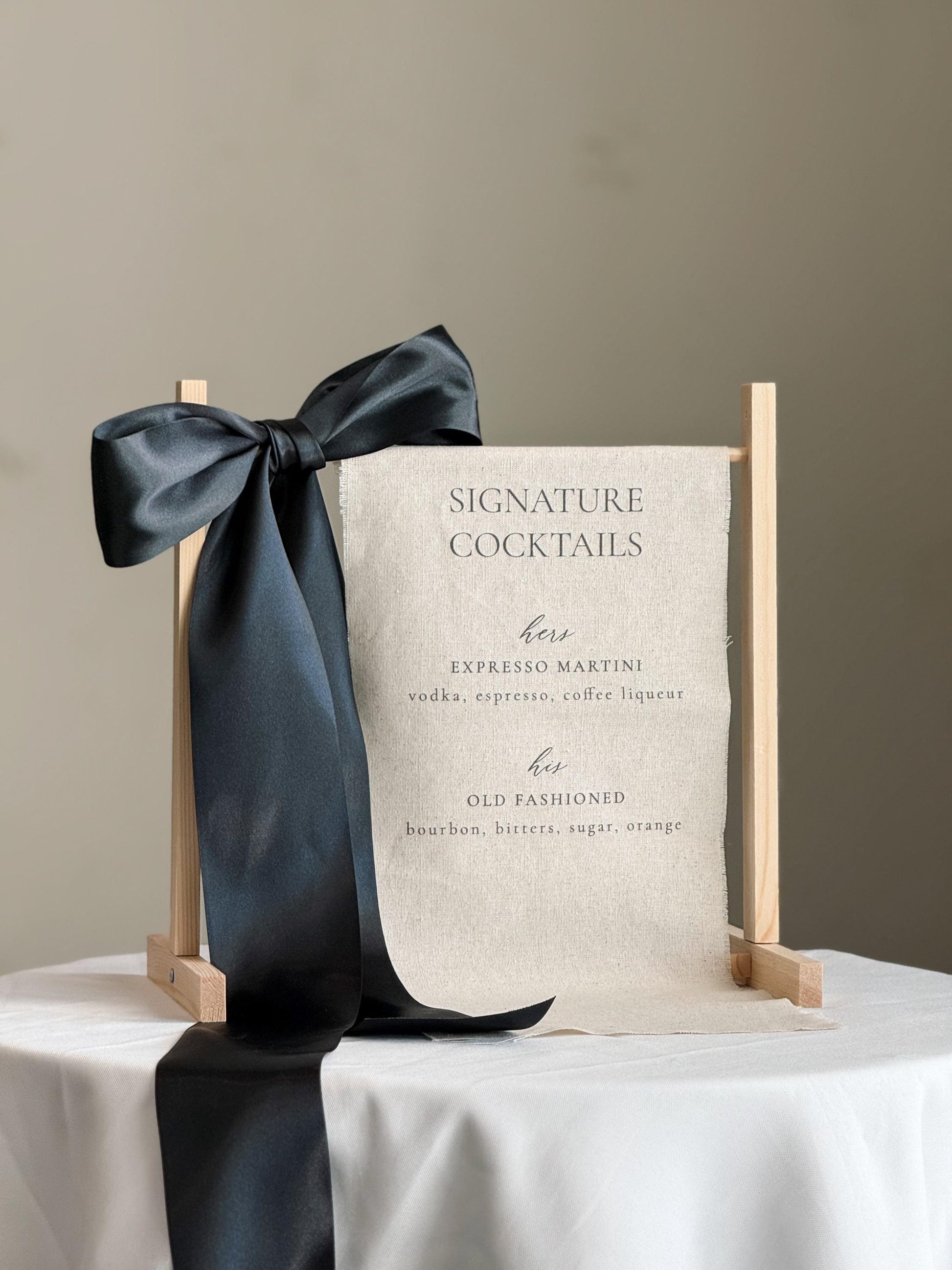 Signature Cocktails Wedding Bar Sign | Linen Drink Menu | Modern Reception Signage with Ribbon