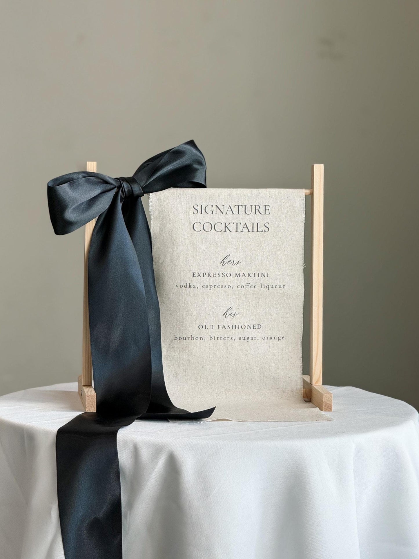 Signature Cocktails Wedding Bar Sign | Linen Drink Menu | Modern Reception Signage with Ribbon