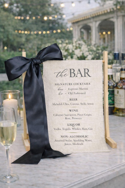 Signature Cocktails Wedding Bar Sign | Linen Drink Menu | Modern Reception Signage with Ribbon