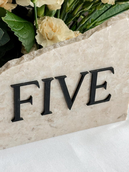 3D Marble Stone Acrylic Table Number Sign | Unique Wedding Signage | Custom Layered Decor | Travertine Marble | Modern Reception Decor