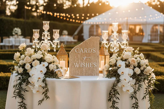 Decorative table setup with flowers, candles, and a 'Cards and Wishes' sign outdoors.