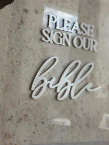 Marble Stone 3D Bible Table Sign | Modern Wedding Sign | Favor | Party Tabletop Decor | Gold Mirror | Please Sign Our Bible Guestbook