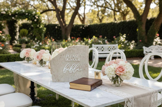 Marble Stone 3D Bible Table Sign | Modern Wedding Sign | Favor | Party Tabletop Decor | Gold Mirror | Please Sign Our Bible Guestbook