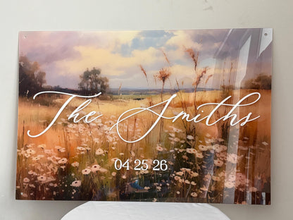 Wedding Welcome Sign | Wildflower Landscape Acrylic | Personalized Last Name & Date | Clear UV Print | Custom Wedding Entry Sign