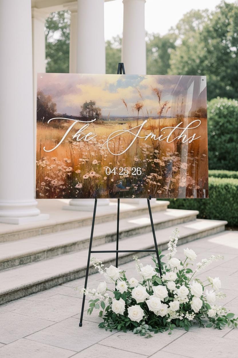Wedding Welcome Sign | Wildflower Landscape Acrylic | Personalized Last Name & Date | Clear UV Print | Custom Wedding Entry Sign