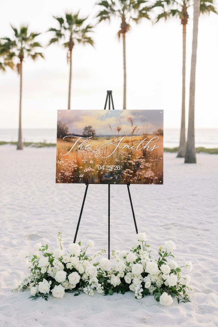 Wedding Welcome Sign | Wildflower Landscape Acrylic | Personalized Last Name & Date | Clear UV Print | Custom Wedding Entry Sign