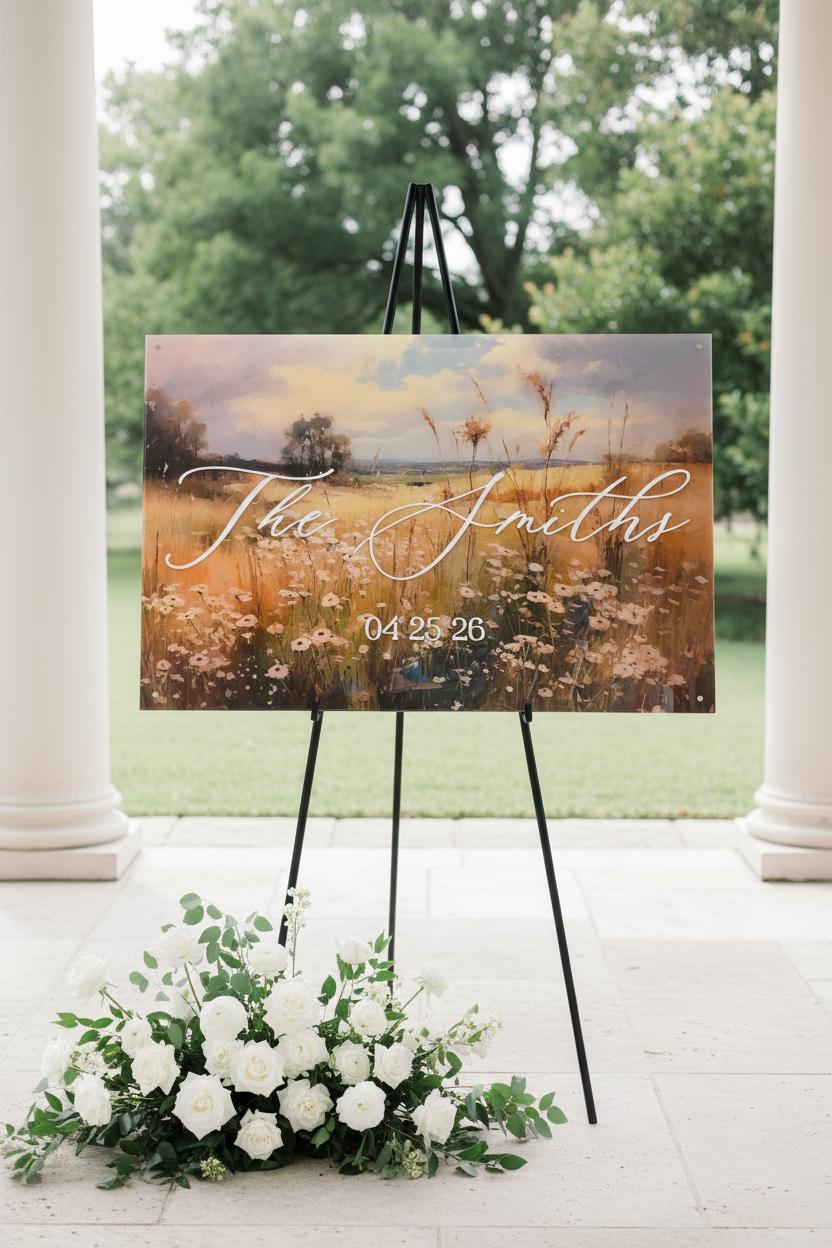 Wedding Welcome Sign | Wildflower Landscape Acrylic | Personalized Last Name & Date | Clear UV Print | Custom Wedding Entry Sign