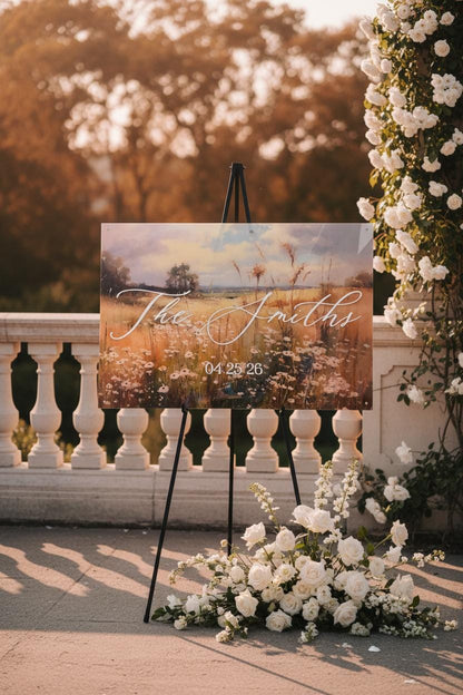 Wedding Welcome Sign | Wildflower Landscape Acrylic | Personalized Last Name & Date | Clear UV Print | Custom Wedding Entry Sign