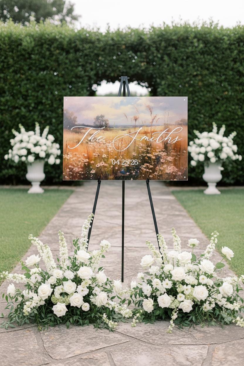 Wedding Welcome Sign | Wildflower Landscape Acrylic | Personalized Last Name & Date | Clear UV Print | Custom Wedding Entry Sign