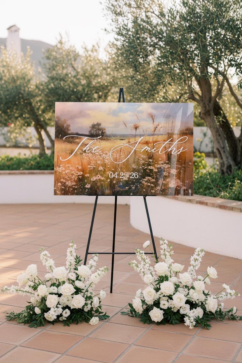 Wedding Welcome Sign | Wildflower Landscape Acrylic | Personalized Last Name & Date | Clear UV Print | Custom Wedding Entry Sign