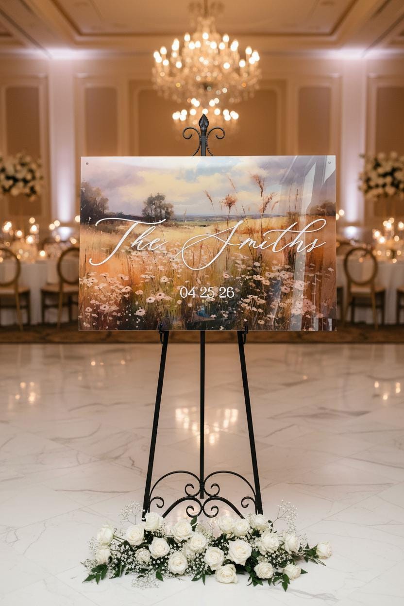 Wedding Welcome Sign | Wildflower Landscape Acrylic | Personalized Last Name & Date | Clear UV Print | Custom Wedding Entry Sign