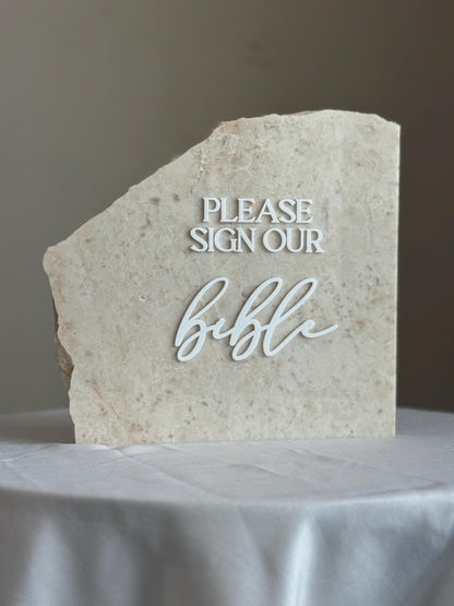 Marble Stone 3D Bible Table Sign | Modern Wedding Sign | Favor | Party Tabletop Decor | Gold Mirror | Please Sign Our Bible Guestbook