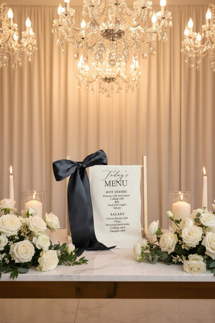 Food Menu Wedding Bar Sign | Linen Drink Menu | Modern Reception Signage with Ribbon