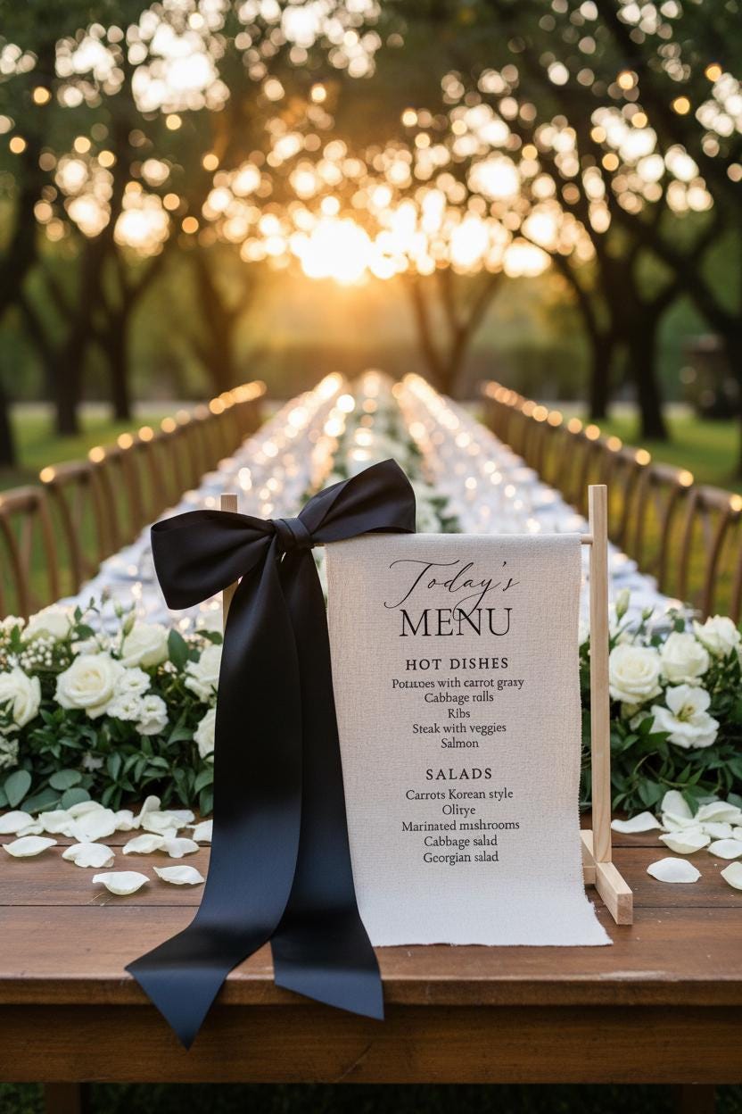 Food Menu Wedding Bar Sign | Linen Drink Menu | Modern Reception Signage with Ribbon
