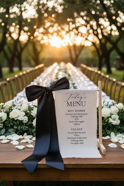 Food Menu Wedding Bar Sign | Linen Drink Menu | Modern Reception Signage with Ribbon