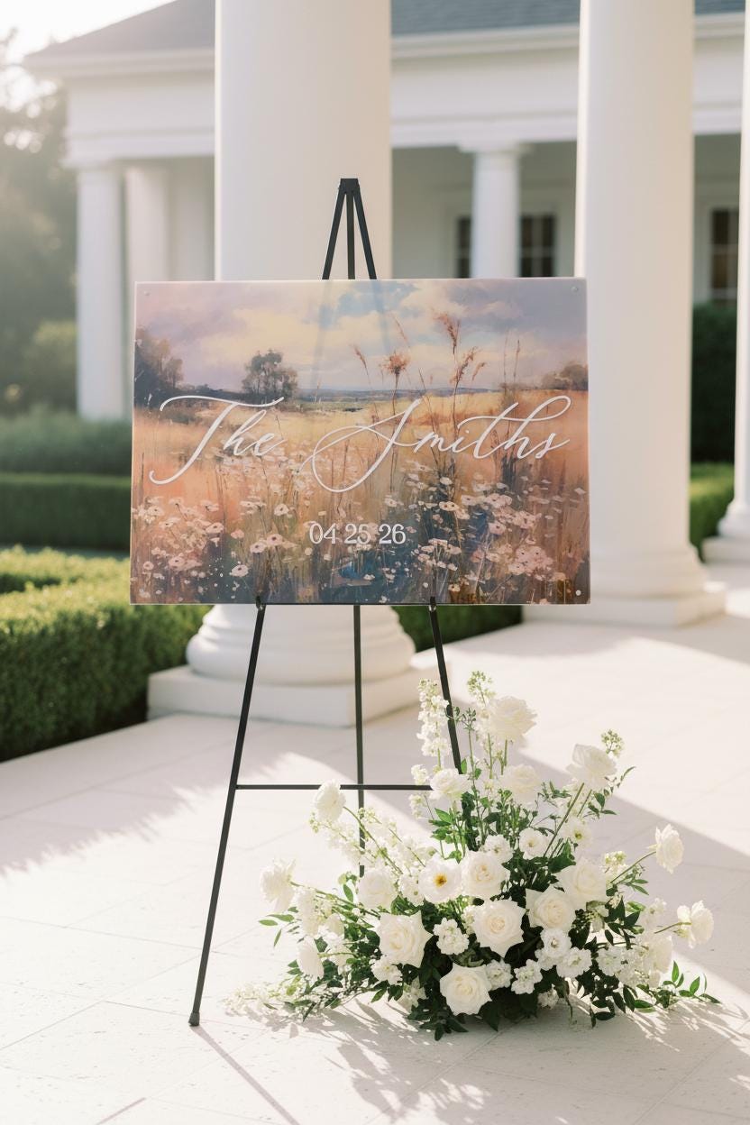 Wedding Welcome Sign | Wildflower Landscape Acrylic | Personalized Last Name & Date | Clear UV Print | Custom Wedding Entry Sign