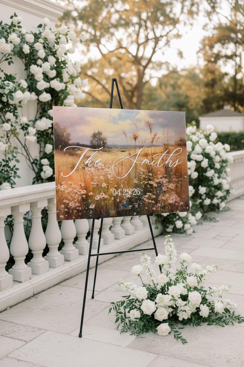 Wedding Welcome Sign | Wildflower Landscape Acrylic | Personalized Last Name & Date | Clear UV Print | Custom Wedding Entry Sign