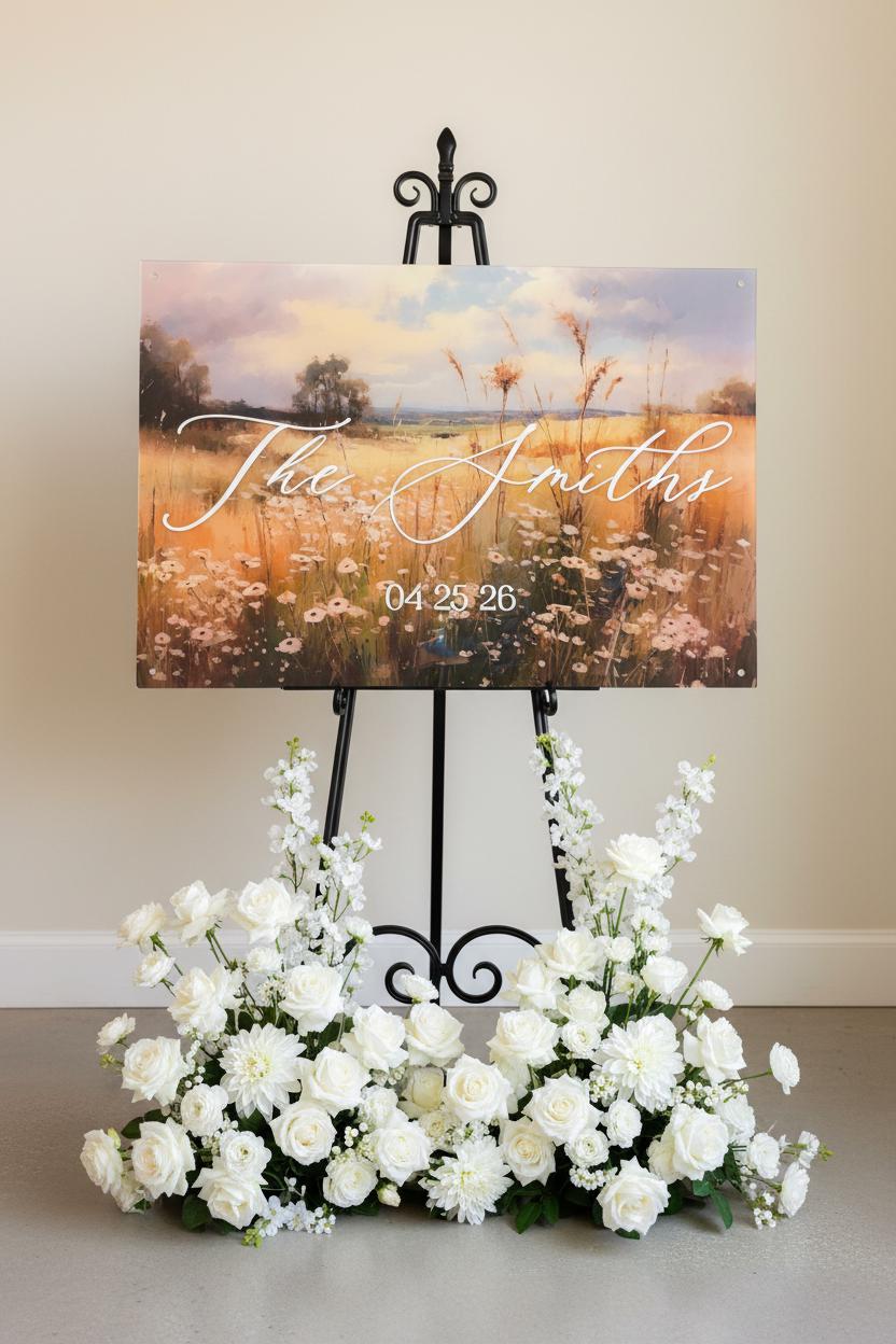 Wedding Welcome Sign | Wildflower Landscape Acrylic | Personalized Last Name & Date | Clear UV Print | Custom Wedding Entry Sign