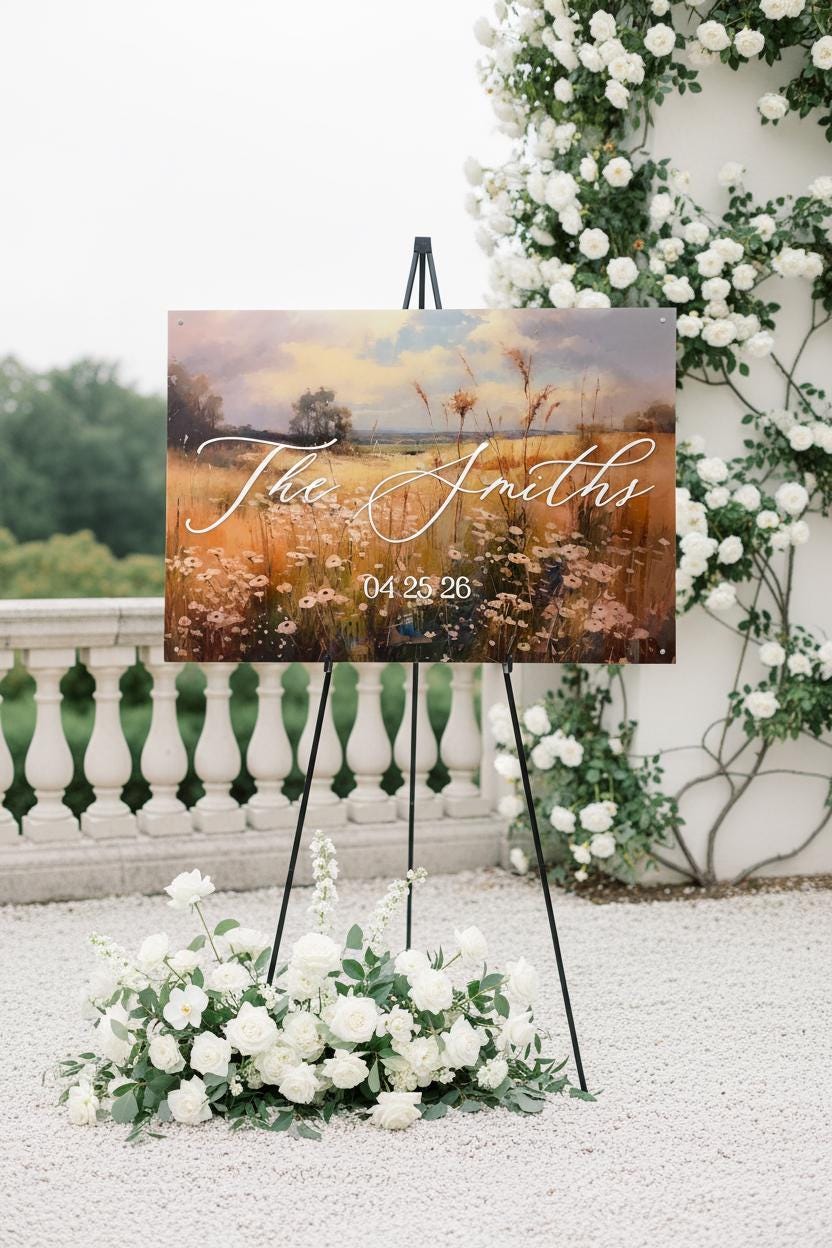 Wedding Welcome Sign | Wildflower Landscape Acrylic | Personalized Last Name & Date | Clear UV Print | Custom Wedding Entry Sign