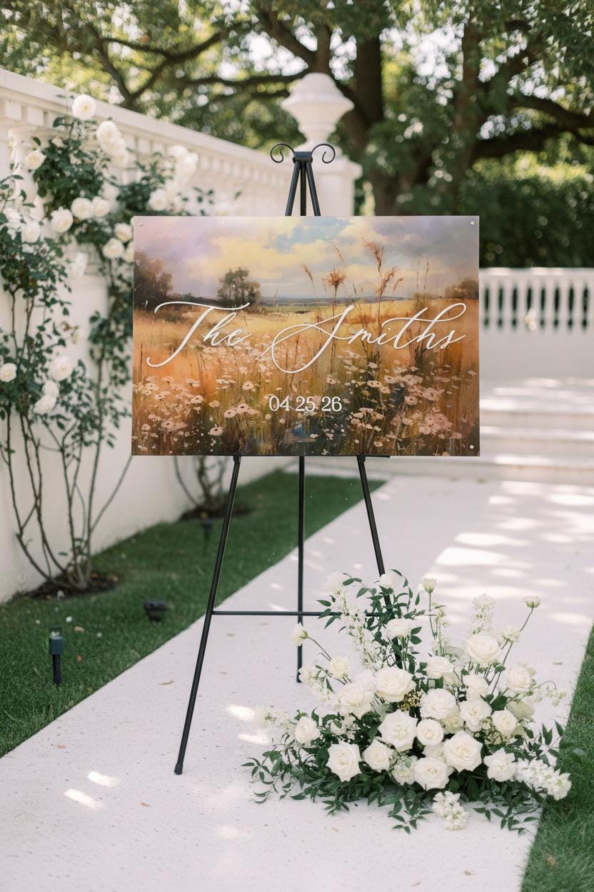 Wedding Welcome Sign | Wildflower Landscape Acrylic | Personalized Last Name & Date | Clear UV Print | Custom Wedding Entry Sign