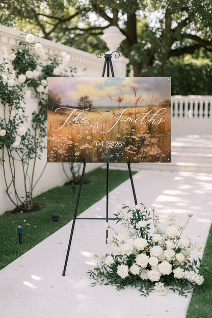 Wedding Welcome Sign | Wildflower Landscape Acrylic | Personalized Last Name & Date | Clear UV Print | Custom Wedding Entry Sign