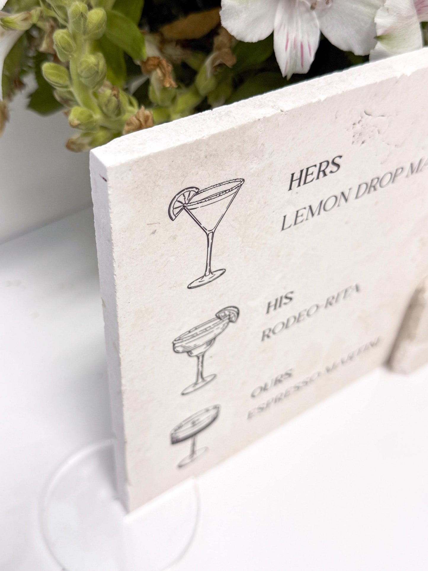 Modern Marble Signature Cocktails Sign with Drink Illustrations | Wedding Bar Menu Sign | Stone Drink Menu | His Hers Ours Cocktails