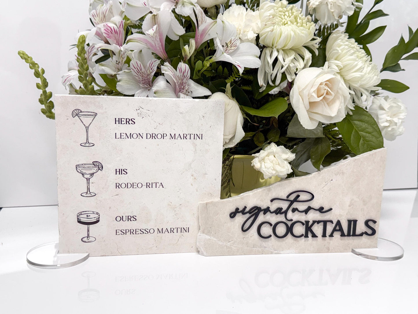 Modern Marble Signature Cocktails Sign with Drink Illustrations | Wedding Bar Menu Sign | Stone Drink Menu | His Hers Ours Cocktails