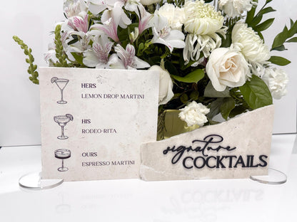 Modern Marble Signature Cocktails Sign with Drink Illustrations | Wedding Bar Menu Sign | Stone Drink Menu | His Hers Ours Cocktails