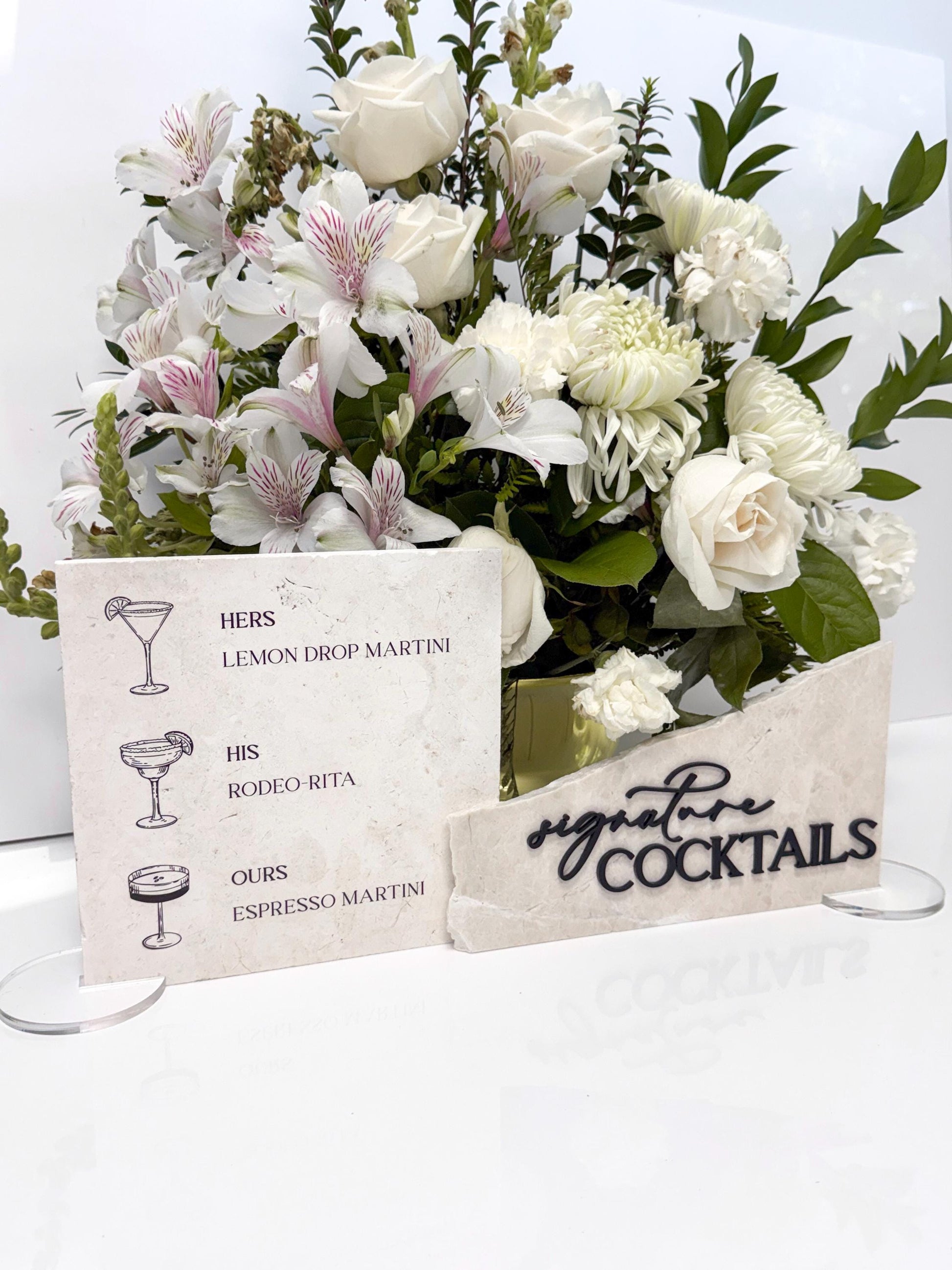 Modern Marble Signature Cocktails Sign with Drink Illustrations | Wedding Bar Menu Sign | Stone Drink Menu | His Hers Ours Cocktails