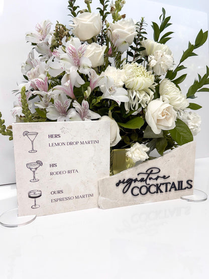 Modern Marble Signature Cocktails Sign with Drink Illustrations | Wedding Bar Menu Sign | Stone Drink Menu | His Hers Ours Cocktails